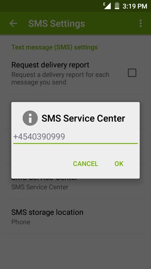 Enter the SMS Service Center number and select OK