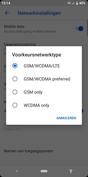 Selecteer GSM/WCDMA om 3G in te schakelen en GSM/WCDMA/LTE om 4G in te schakelen