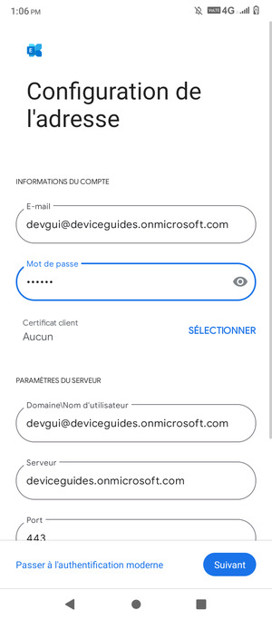 Saisissez Nom d'utilisateur et l'adresse du serveur Exchange. Sélectionnez Suivant