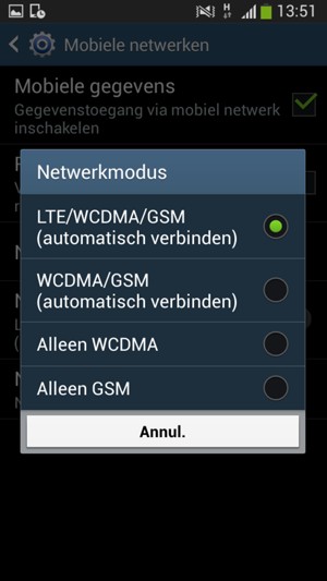 Selecteer WCDMA/GSM om 3G in te schakelen en LTE/WCDMA/GSM om 4G in te schakelen
