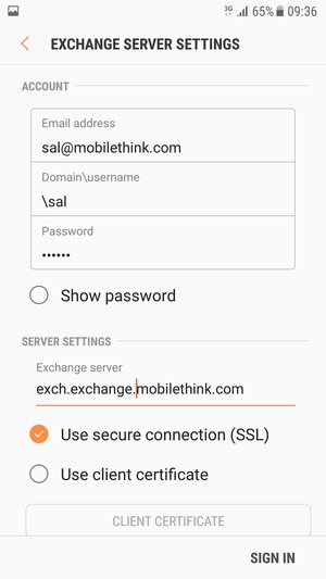 Enter User name and Exchange server address. Select SIGN IN