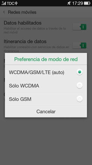 Seleccione Sólo WCDMA para habilitar 3G y WCDMA/GSM/LTE (auto) para habilitar 4G