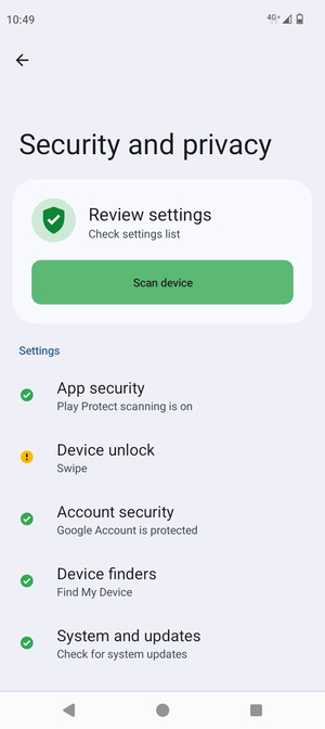 To activate your screen lock, go to the Security and privacy menu and select Device unlock