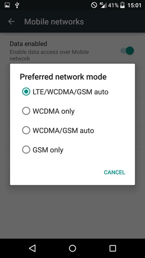Select WCDMA/GSM auto to enable 3G and LTE/WCDMA/GSM auto to enable 4G
