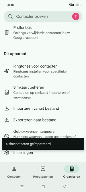 Uw contactpersonen worden opgeslagen naar uw Google-account en naar uw telefoon de volgende keer dat Google gesynchroniseerd wordt.