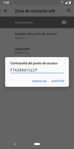 Introduzca una contraseña de punto de acceso Wi-Fi de al menos 8 caracteres y seleccione ACEPTAR