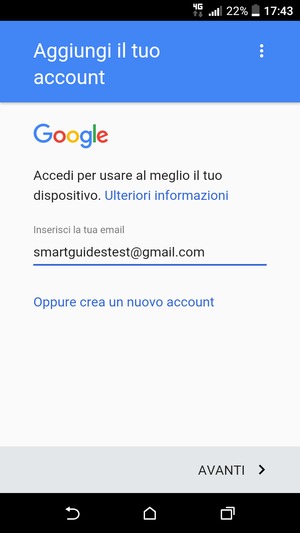 Inserisci il tuo indirizzo Gmail e seleziona AVANTI