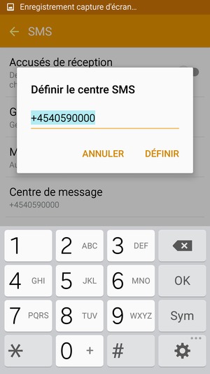 Saisissez le numéro du Centre SMS et sélectionnez OK / DÉFINIR