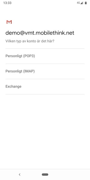 Välj Personligt (POP3) eller Personligt (IMAP)