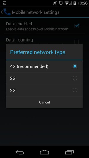 Select 3G to enable 3G and 4G (recommended) to enable 4G