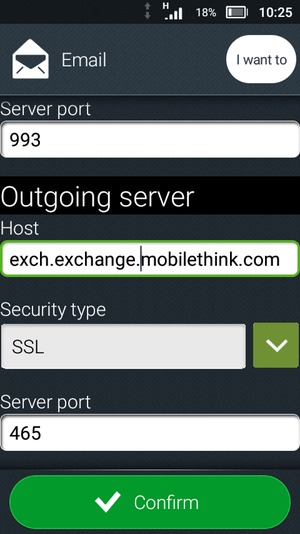 Scroll down and enter Exchange server address. Select Confirm