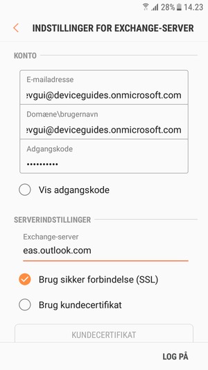 Indtast Brugernavn og Exchange serveradresse. Vælg LOG PÅ