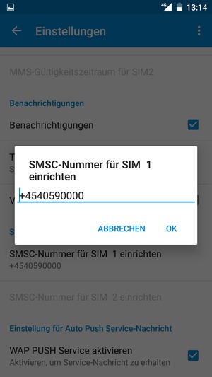 Geben Sie die SMSC-Nummer für SIM Nummer ein und wählen Sie OK