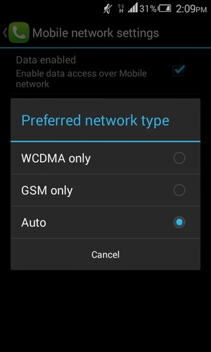 Select GSM only to enable 2G and Auto to enable 2G/3G